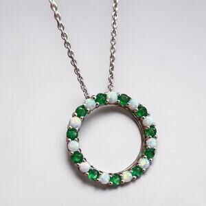 Created Opal And Emerald Circle Pendant Necklace 18 inches Sterling Silver